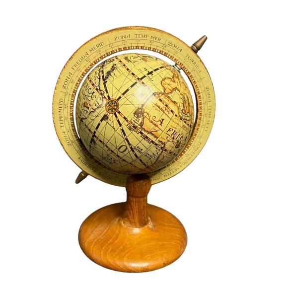 Vtg Old World Map Small Zona Desk Globe with Wood Base 7" - Picture 1 of 5